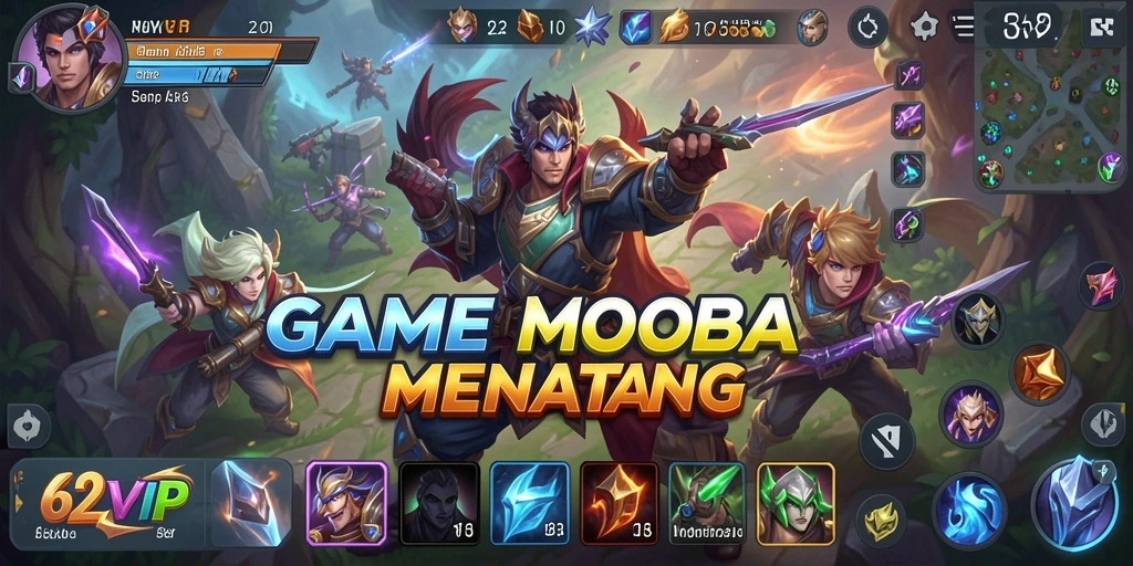 Tangkapan layar dari gameplay menarik 62VIP dengan aksi MOBA intens.