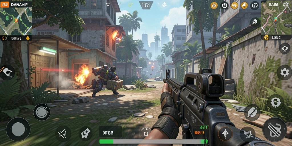 Screenshot gameplay mendebarkan dari DANAVIP, menampilkan aksi TPS yang intens.