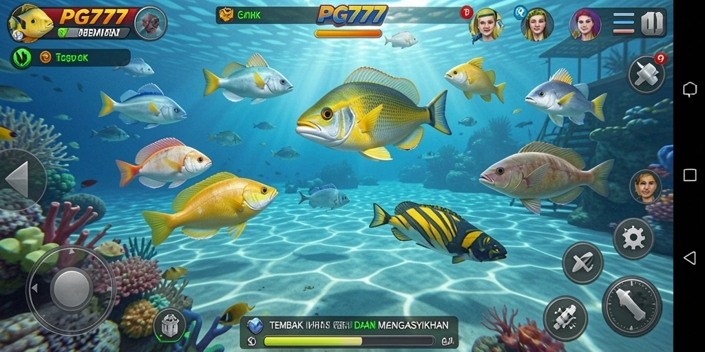 Tampilan gameplay PG777 dengan ikan berwarna-warni dan senjata canggih.